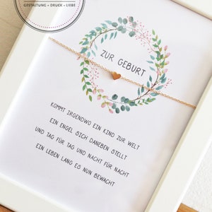 Geschenk Karte mit Kette-zur Geburt, Geburtsgeschenk, Herzkette, Taufe, Schutzengel, Blumenkranz, einDruck, Taufgeschenk, Bilderrahmen