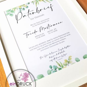 Patenurkunde + Patenbrief - Geschenk für die Patentante, Patin, personalisiertes Taufgeschenk, Taufbrief, Geburt, Patenonkel, einDruck, A4
