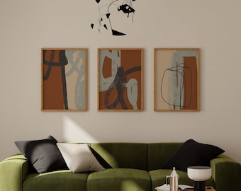 Blue/terracotta abstract art set of 3/Contemporary rustic home decor/Mid century modern Neutral wall art/Gallery posters/Earth tone boho art