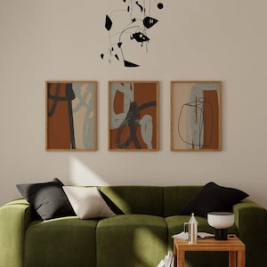 Blue/terracotta abstract art set of 3/Contemporary rustic home decor/Mid century modern Neutral wall art/Gallery posters/Earth tone boho art