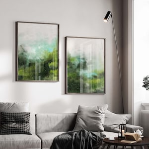 2 Large green landscape abstract art prints/Large abstract wall art/Living room wall art paintings in green and turquoise/Gallery art set.