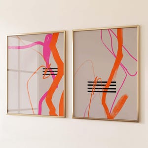 Pink and Orange Abstract wall art/Pink gallery art set of 2/Orange/black printable wall art/Colorful art set/Modern mixed media art print