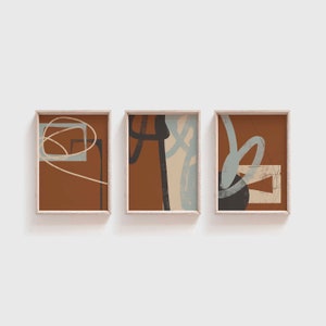 Blue/terracotta abstract art set of 3/Contemporary rustic home decor/Mid century modern Neutral wall art/Gallery posters/Earth tone boho art