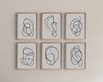 Abstract Line Art Prints: Black Minimalist Decor, Set of 6
