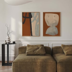 Arte de parede abstrata neutra/Conjunto de 2 arte neutra em tons de terra/Cartazes de pinceladas/Impressão de arte de parede em ferrugem/Arte em terracota azul e bege/Parede de galeria