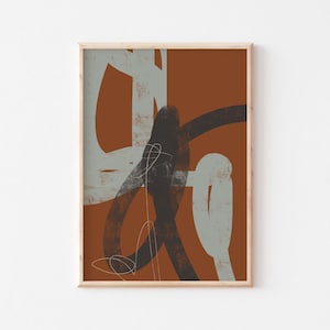 May include: Abstract art print with a brown background and overlapping shapes in shades of gray and black.