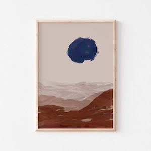 Landscape abstract wall art print/Navy blue, burnt orange and beige modern wall art decor/ Scandinavian poster/Brush stroke large painting.