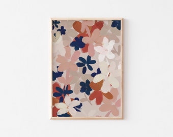 Bloemen abstracte schilderkunst/poster botanische muurkunst/Marineblauwe, oranje en beige poster boeket bloemen/Moderne boho slaapkamer galerijkunstdruk.