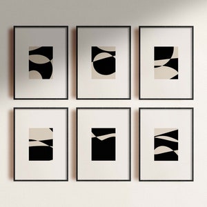 Abstract wall art set of 6/Black and beige gallery wall art set/Geometric shapes Minimalism wall art prints/Contemporary office wall art.