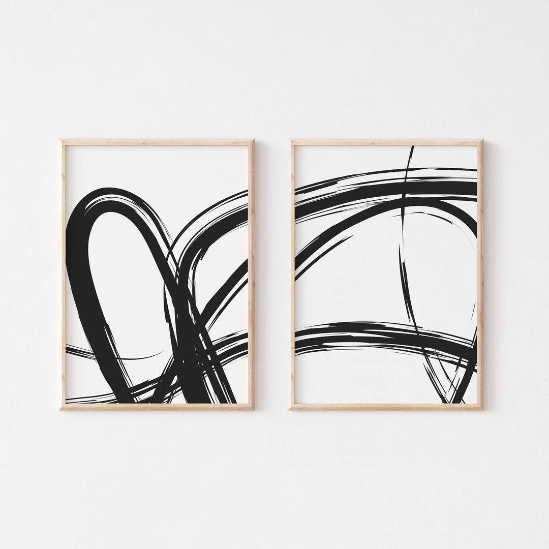 Abstract Brush Stroke Art Print Set: Scandinavian Black and White ...
