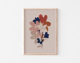 Floral abstract painting/Botanical wall art poster/Navy blue, orange and beige flowers bouquet poster/Modern boho bedroom gallery art print.