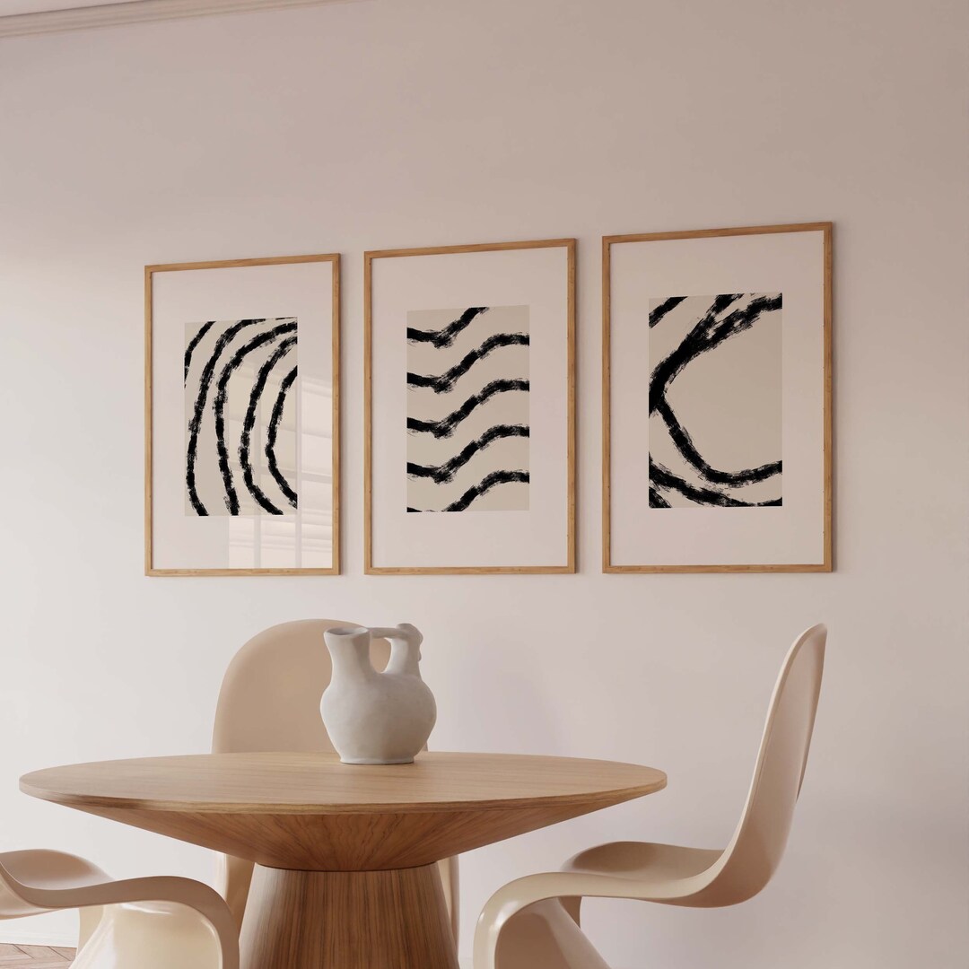Set of 3 Brush Strokes Abstract Wall Art/black and Beige Gallery Wall ...