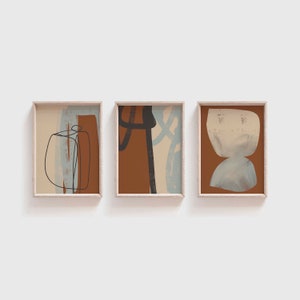 Blue/terracotta abstract art set of 3/Contemporary rustic home decor/Mid century modern Neutral wall art/Gallery posters/Earth tone boho art