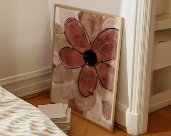 Abstract floral art print/Rust vintage wall art illustration/Contemporary painting/Brown black, beige, cream Terracotta botanical art poster