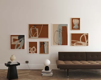 Gallery wall art prints/Abstract wall art set of 7/Rust home decor/Neutral modern contemporary printables/Digital downloads/burnt orange art
