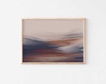 Sunset landscape abstract wall art/Navy blue and burnt orange seascape wall decor/Watercolor wall art/oil painting brush stroke large print
