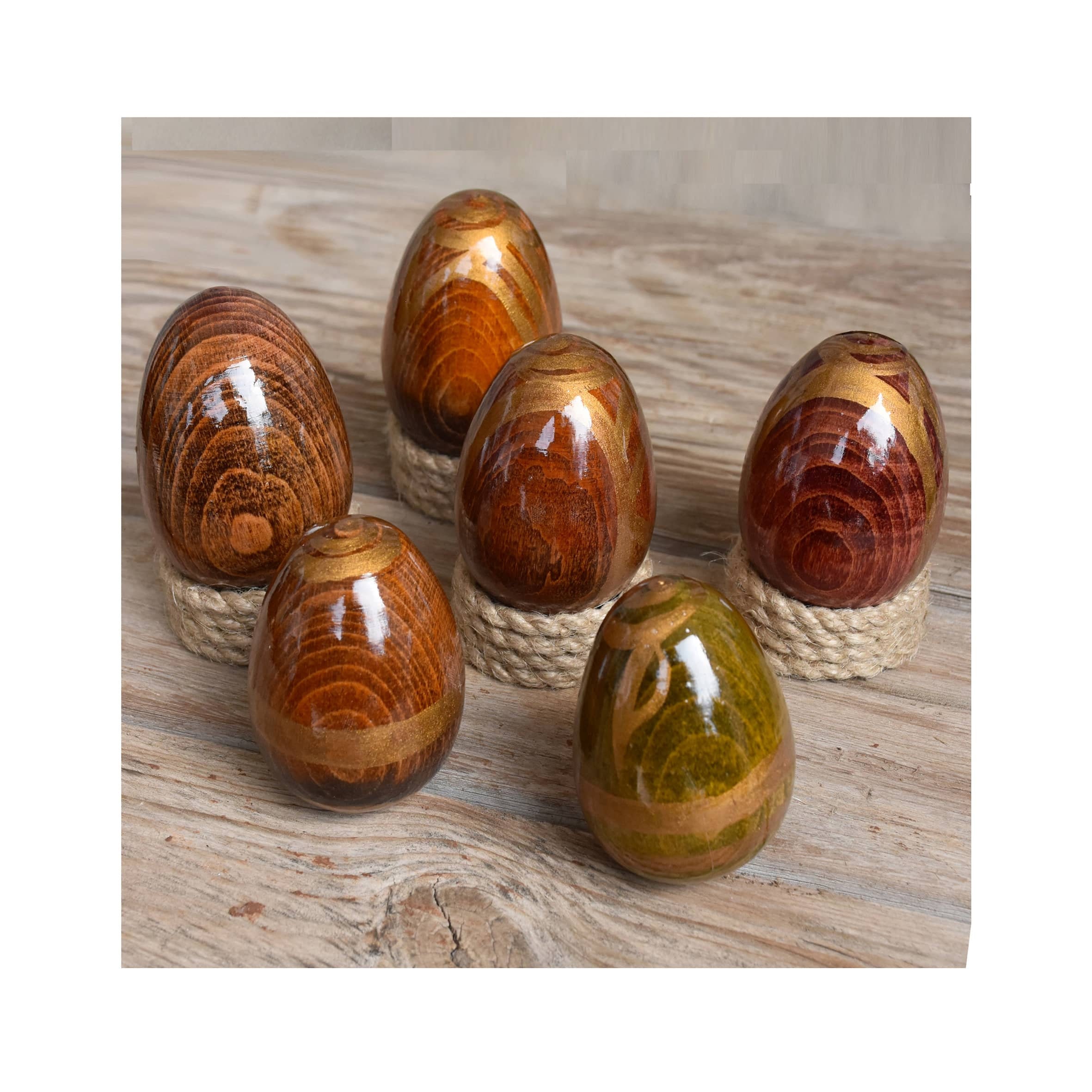 Ensemble de 6 Oeufs Colorés Pâques Faits à La Main Du Bois Hêtre | 6 Grands Vendus avec Supports Mai