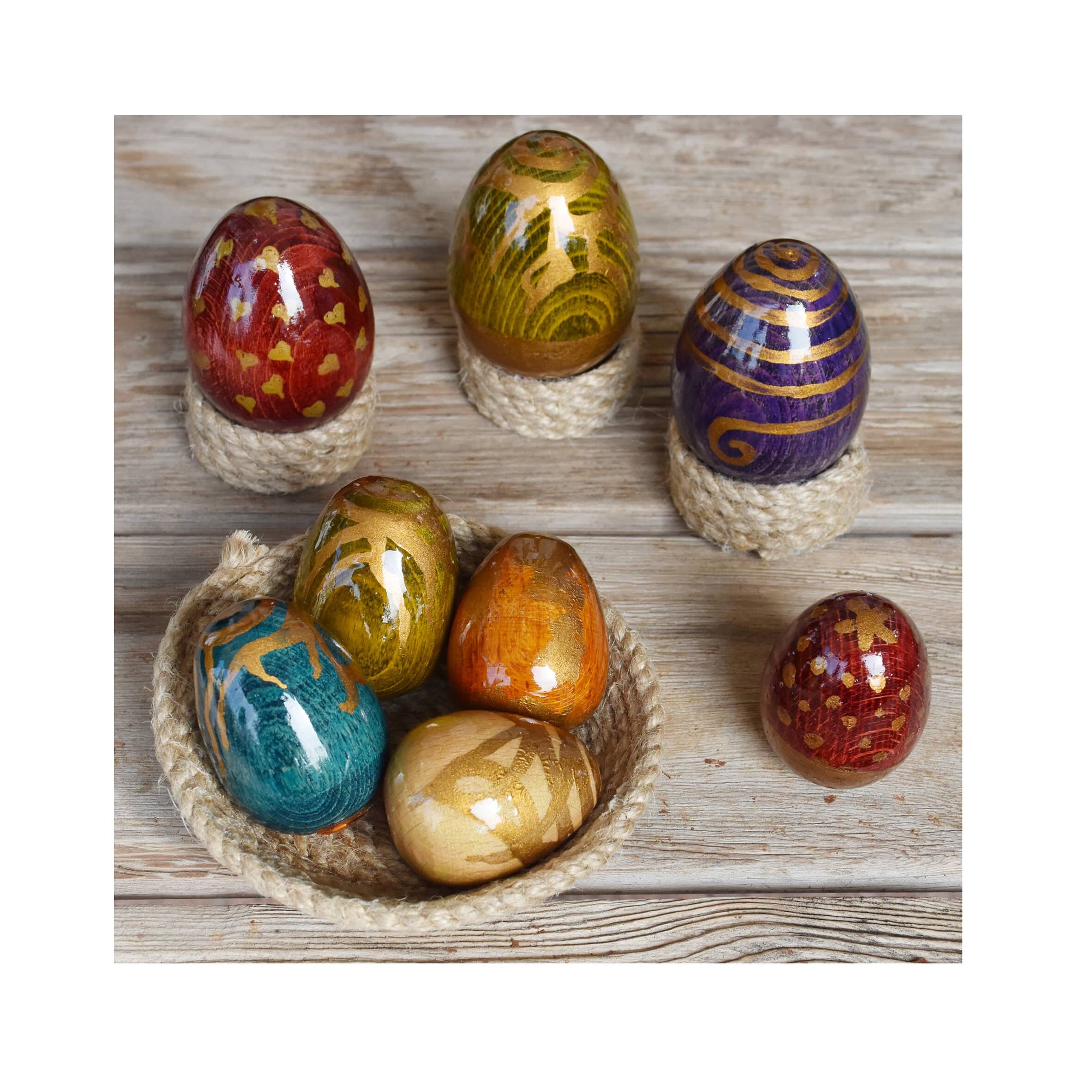 Ensemble de 8 Oeufs Colorés Pâques Faits à La Main Du Bois Hêtre | 3 Grands et 5 Petits Vendus avec 