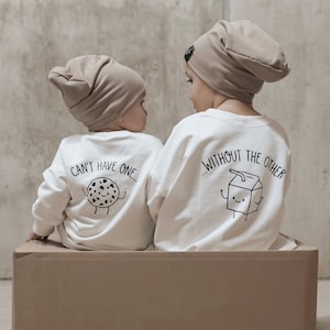 Oversized sweater with Milk & Cookie back print - Handmade sweater for twins and siblings - Matching look set
