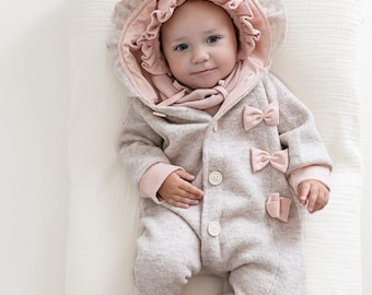 Wollen wandelpak crèmeroze – gevoerd babypakje – handgemaakte winteroverall voor kinderen – nieuwe wol – warm babypakje herfst/winter