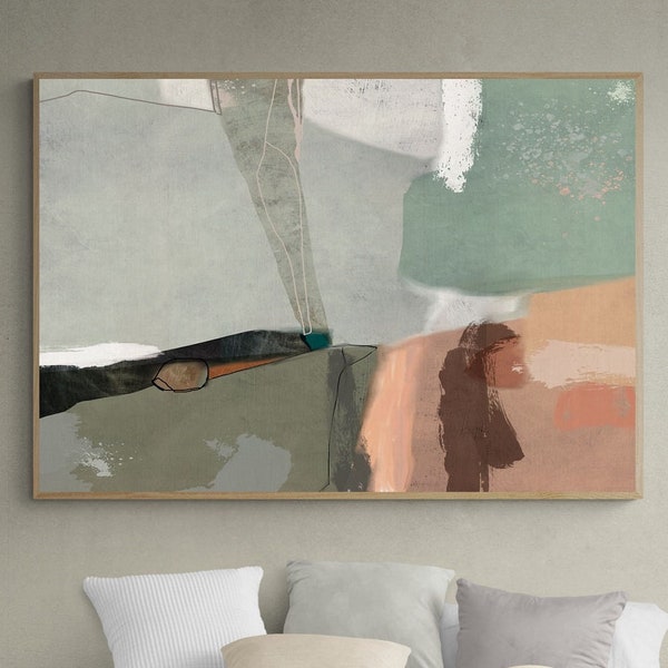 Grand art mural abstrait imprimable avec des tons subtils de beige, rose et vert, Peinture abstraite imprimable, Grande impression d’art abstrait minimaliste