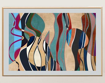 Lámina de arte moderno de mediados de siglo: Decoración de pared geométrica abstracta y colorida (descarga digital)