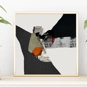 May include: Abstract art print in a wooden frame with black, white, gray, green, orange, and red colors. The print is on a white background and features geometric shapes.