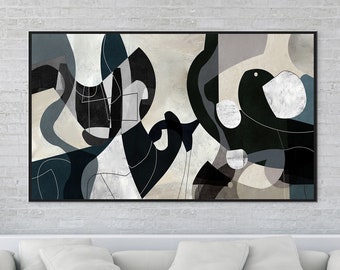 Tableau abstrait moderne - Très grand horizontal blanc gris - 200x100