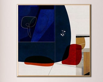 May include: Abstract art print with geometric shapes in shades of blue, red, and gold. The print is framed in a thin, gold frame and is hanging on a white wall.