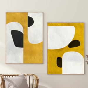 Minimal abstract printable art set with golden yellow, black and beige tones, Large printable minimalist print set of 2 prints, 30x40 set