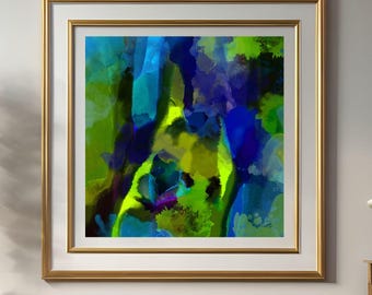 Impresión artística de acuarela abstracta azul y verde: decoración de pared moderna (descarga digital), pintura imprimible