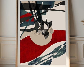 モダン抽象ウォールアートプリント：白、赤、グレーの絵画（デジタル