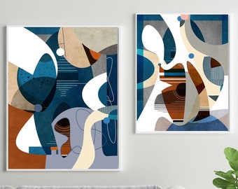 Colorful Modern Mid Century Wall Art Set of 2 Prints, Abstract Mid Century Print Set, Abstract Geometric Printable Art Download