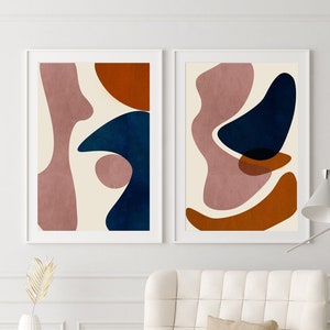 Minimalist Abstract Geometric Wall Art, Burnt Orange Blue Pink Print, Set of 2 Prints, Modern Home Decor,Minimalist Abstract Print Set