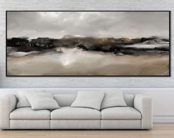Large Panoramic Black and Beige Abstract Landscape Printable Wall Art, Modern Abstract Home Decor, Large Abstract Landscape Print