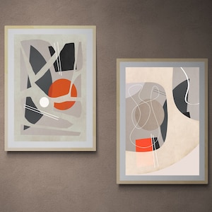 Modern mid century abstract geometric printable wall art for instant download, Orange gray abstract set of 2 prints,16x24 abstract print set