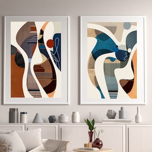 Mid Century moderne Kunst, abstrakte geometrische Druck Set von 2, minimalistische abstrakte Kunst, runde Formen, digitaler Download, abstrakte Kunst