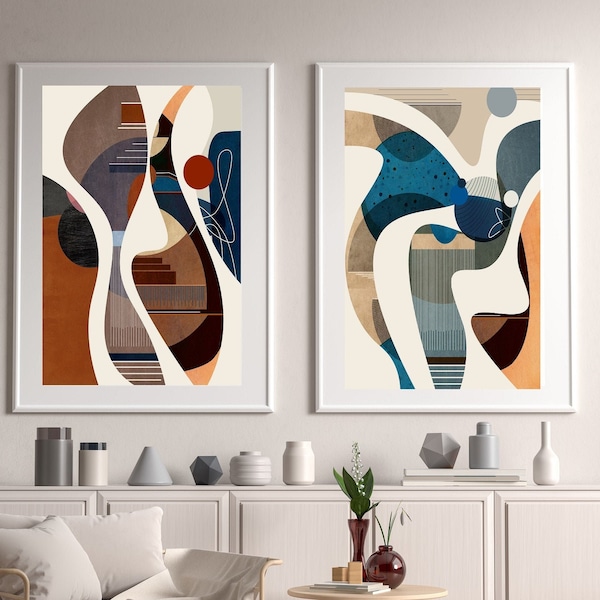 Arte moderno de mediados de siglo, conjunto de impresión geométrica abstracta de 2, arte abstracto minimalista, formas redondas, descarga digital, conjunto de arte abstracto