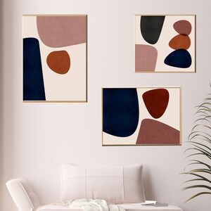 Minimalist Abstract Set of 3 Prints, Burnt Orange Blue Blush Pink Abstract Wall Art, Mid Century Modern Art, Printable Wall Art Download