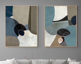 Conjunto de impressões de arte abstrata minimalista: decoração geométrica azul-bege (download digital)