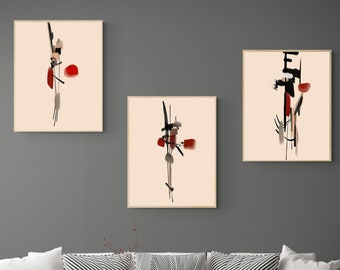 Abstract Minimalist Set of 3 Prints, Modern Minimalist Abstract Printable Wall Art, Red and Black Abstract Minimalist Print Set