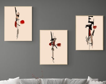 Abstracte rood-zwarte printset: moderne minimalistische muurkunst (digitale download)