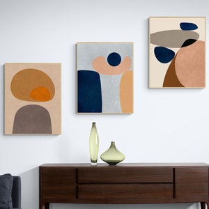 Minimalist Abstract Set of 3 Prints, Burnt Orange Blue Blush Pink Abstract Wall Art, Mid Century Modern Art, Printable Wall Art Download