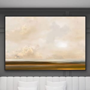 Panoramic printable landscape for instant download, Green brown yellow golden landscape with big sky, Nature art print, 40x30 skyscape