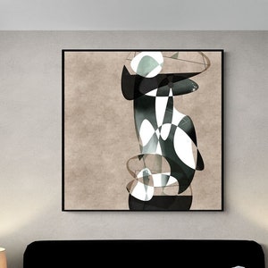 May include: A bedroom with a black headboard and a navy blue bedspread with white stripes. There are two bedside tables with lamps and a framed abstract art print on the wall above the headboard.