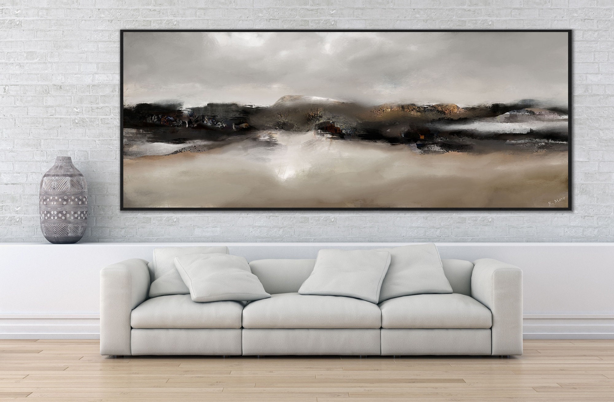 大きな抽象風景画：ベージュ＆ブラックのパノラマウォールアート