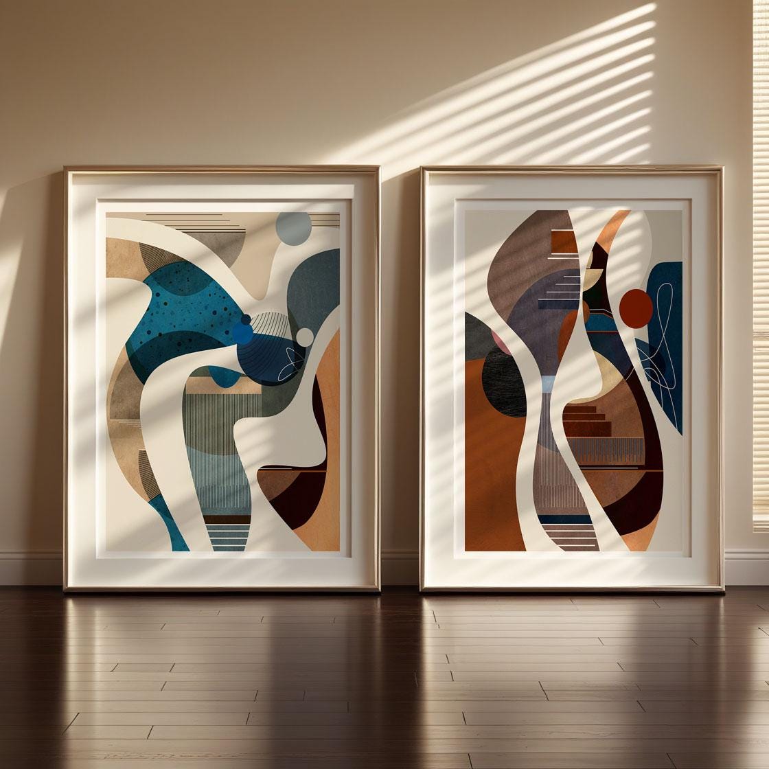Mid Century Art Set, Abstract Geometric, Colorful Round Shapes
