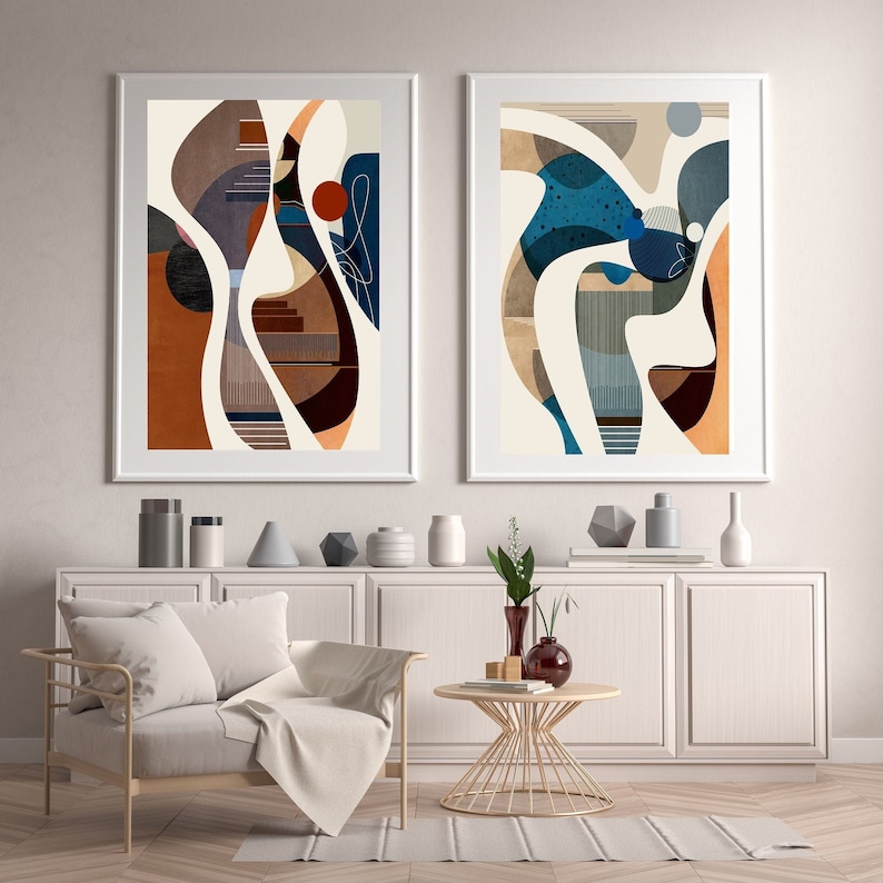 Mid Century Art Set, Abstract Geometric, Colorful Round Shapes Print (Digital Download)