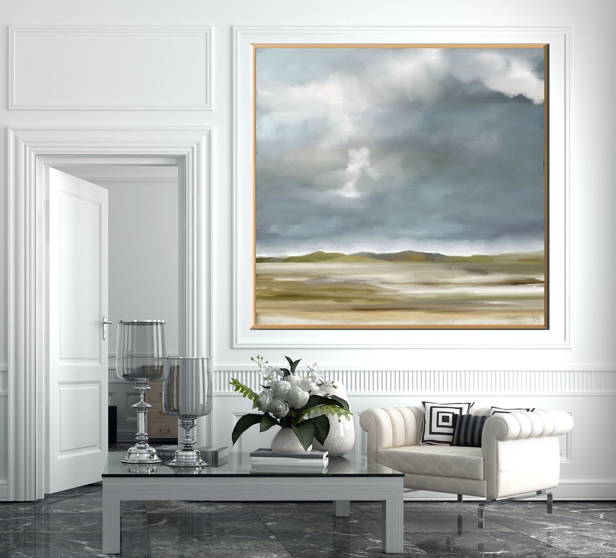 Large Green Landscape Painting: Traditional Skyscape Art (digital