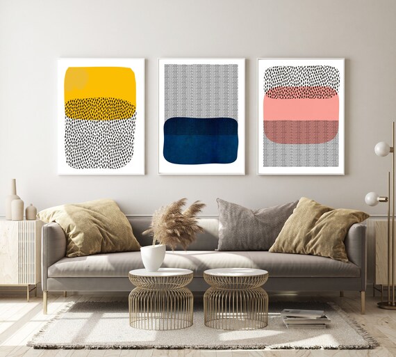 Abstract Minimalist Print Set: Yellow, Blue, Pink Wall Art (Digital Download)